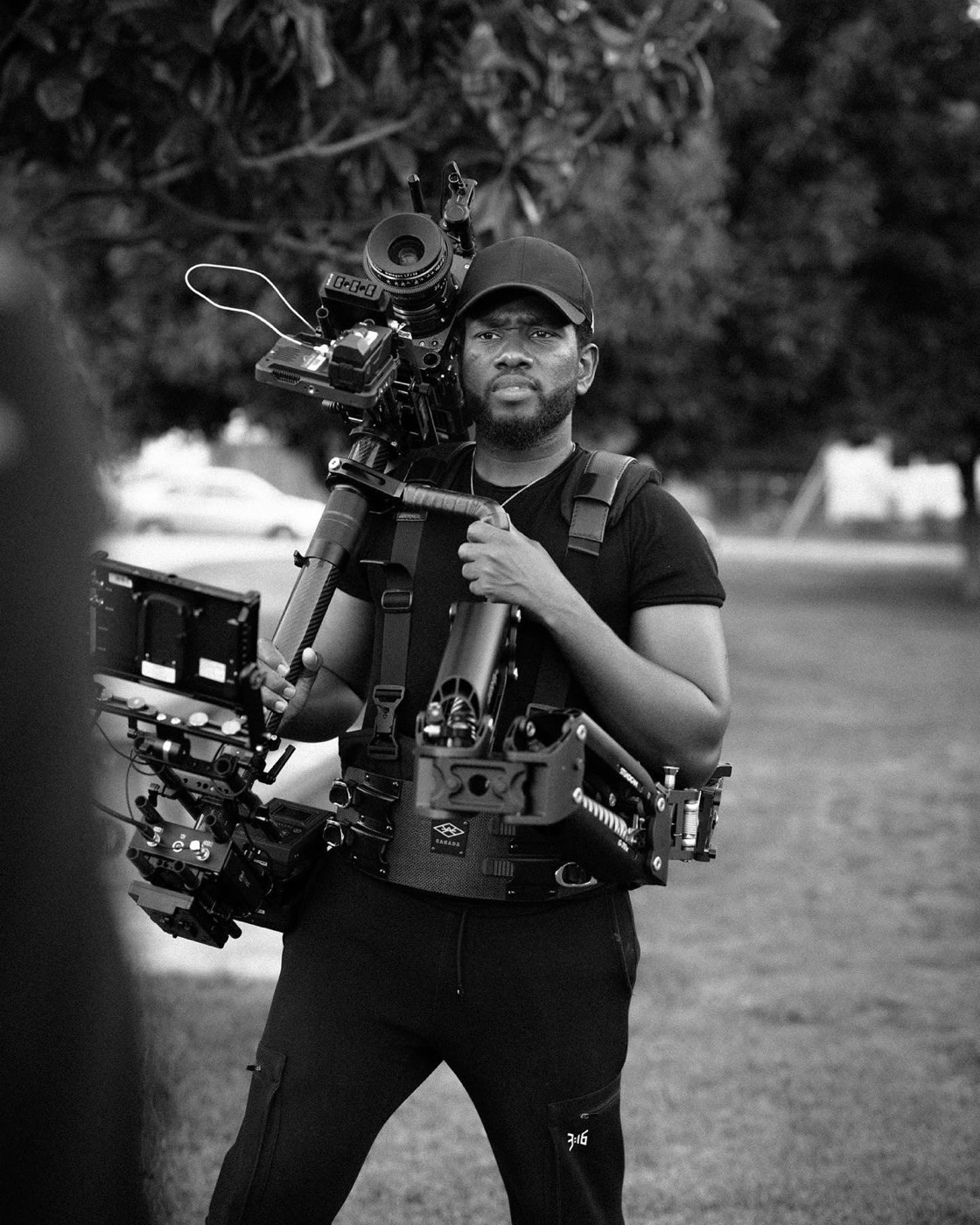 Operator with rig, black and white
